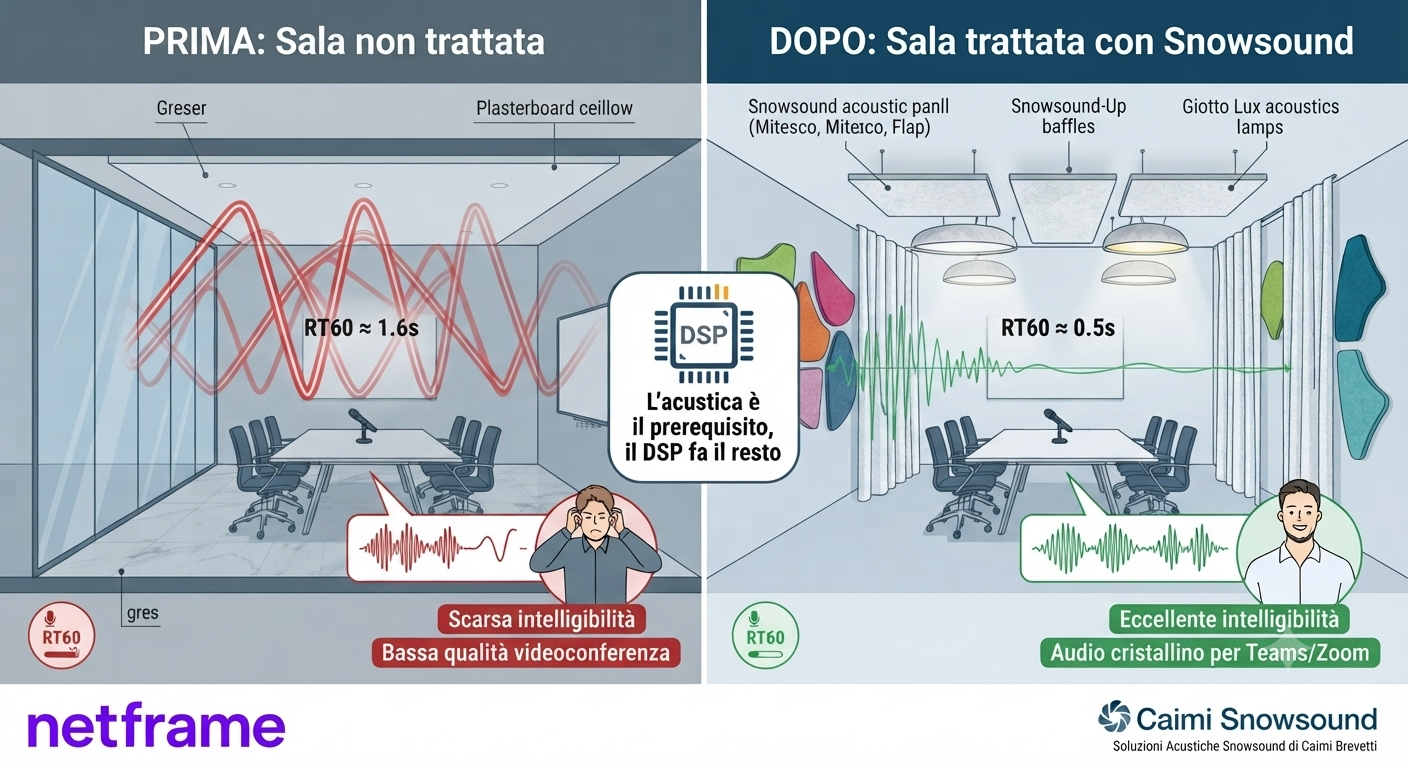 Sala riunioni moderna con pannelli fonoassorbenti a parete e baffle acustici a soffitto per ridurre il tempo di riverbero