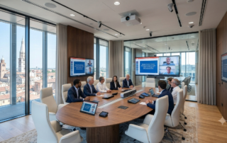 Allestimento di una sala riunioni tecnologica: display di grandi dimensioni, videobar per la videoconferenza, microfoni a soffitto e pannelli acustici