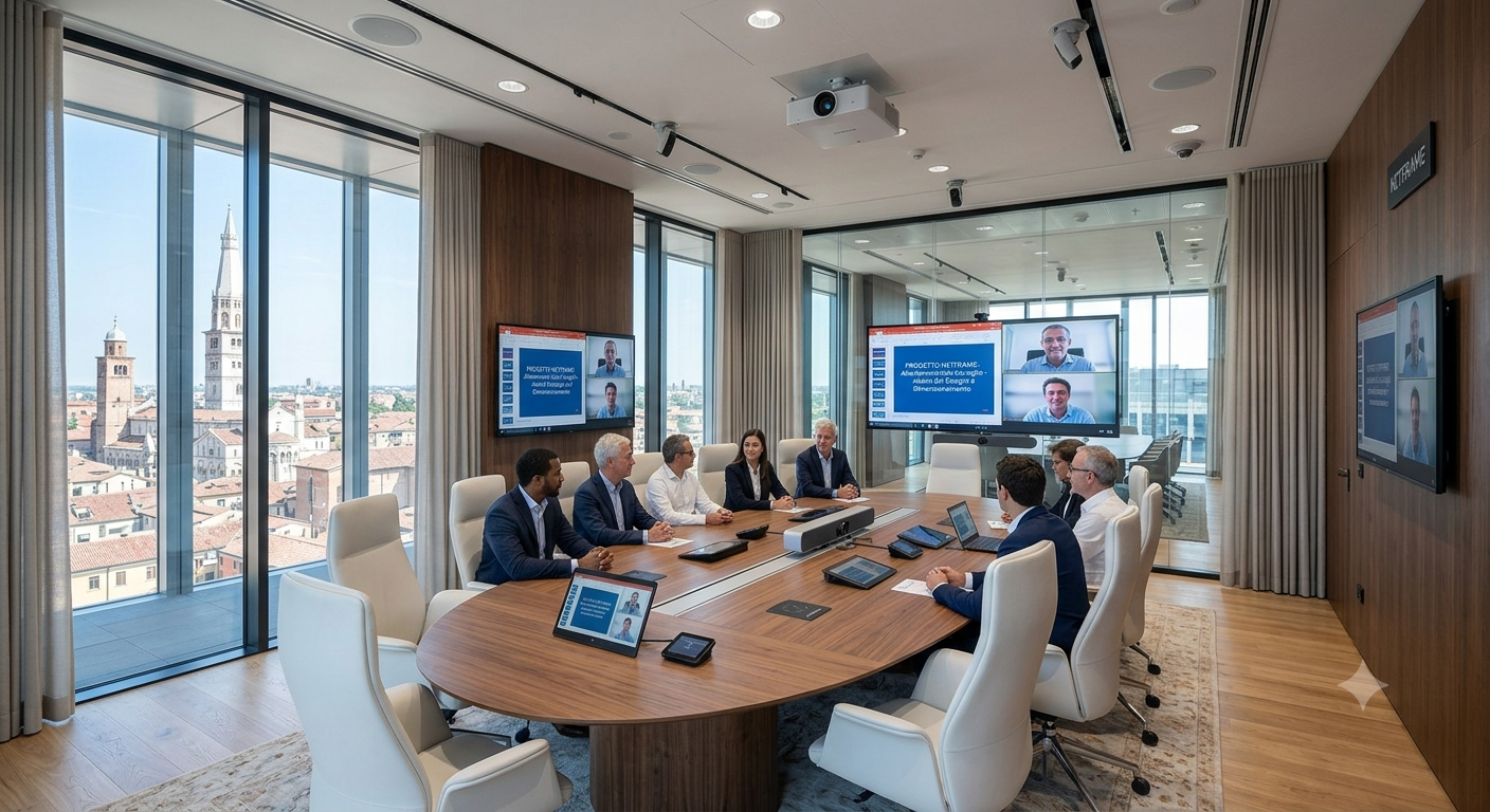 Allestimento di una sala riunioni tecnologica: display di grandi dimensioni, videobar per la videoconferenza, microfoni a soffitto e pannelli acustici