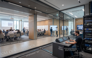 Auditorium aziendale divisibile con parete mobile, proiettori laser a soffitto e lavagna interattiva su carrello