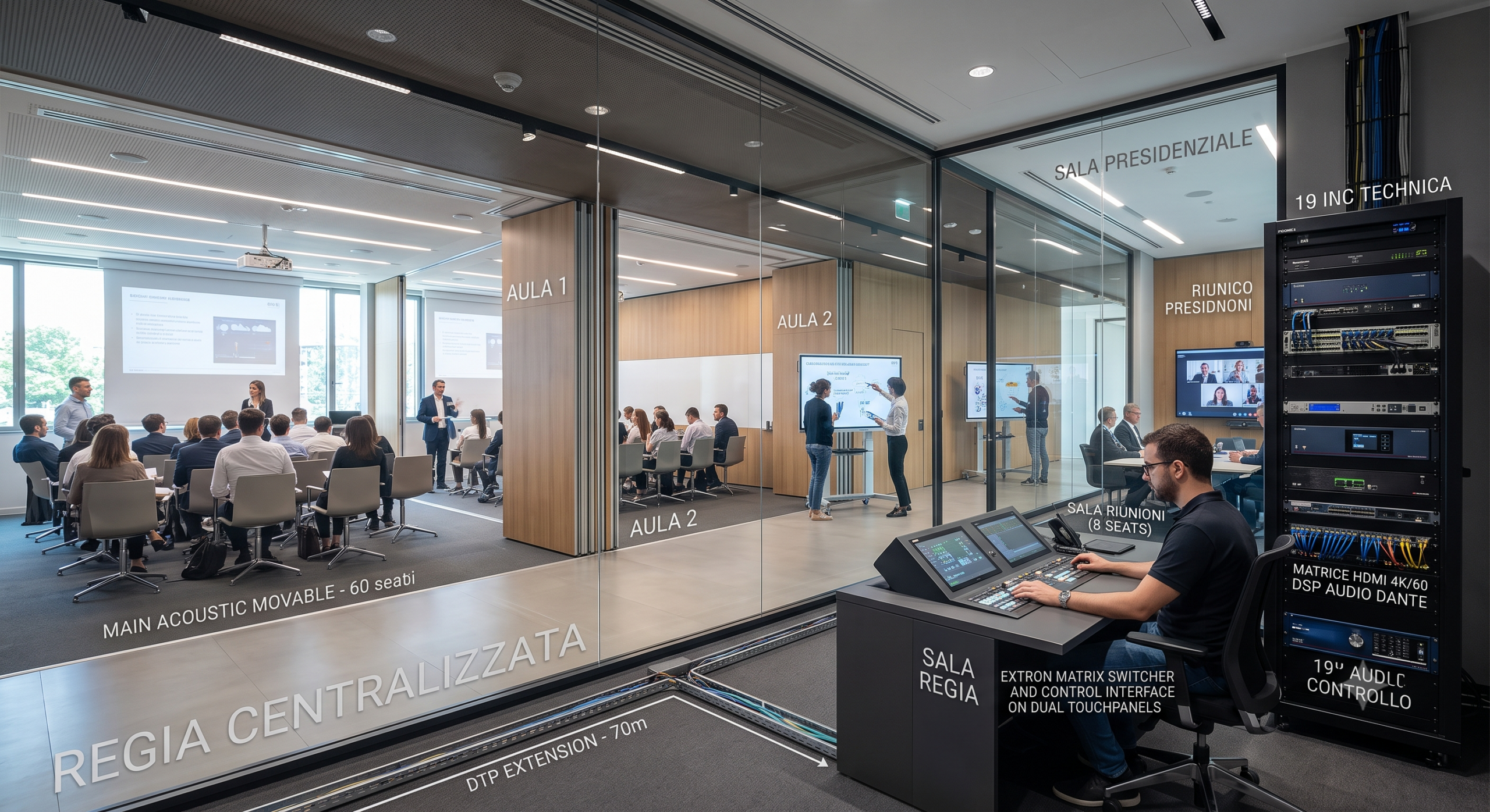 Auditorium aziendale divisibile con parete mobile, proiettori laser a soffitto e lavagna interattiva su carrello