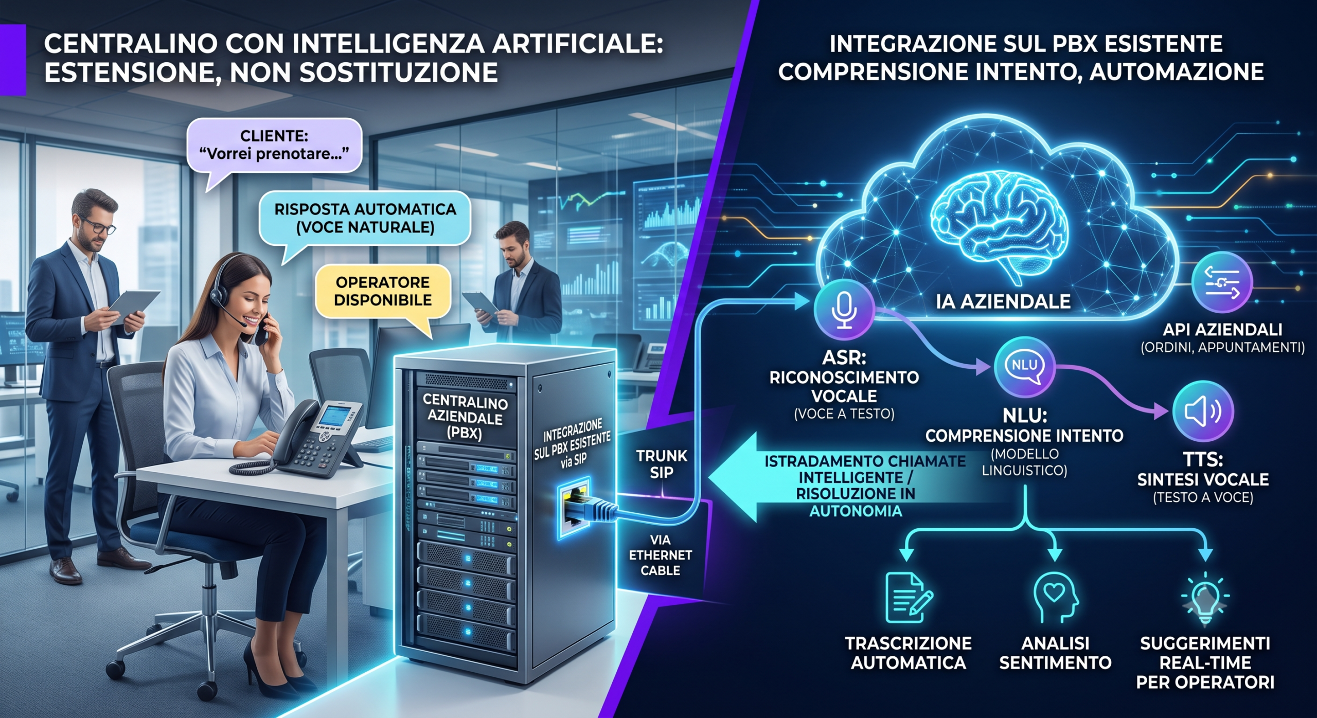 Centralino con intelligenza artificiale: schema del flusso di una chiamata gestita dal voicebot tra riconoscimento vocale, modello linguistico e sintesi vocale