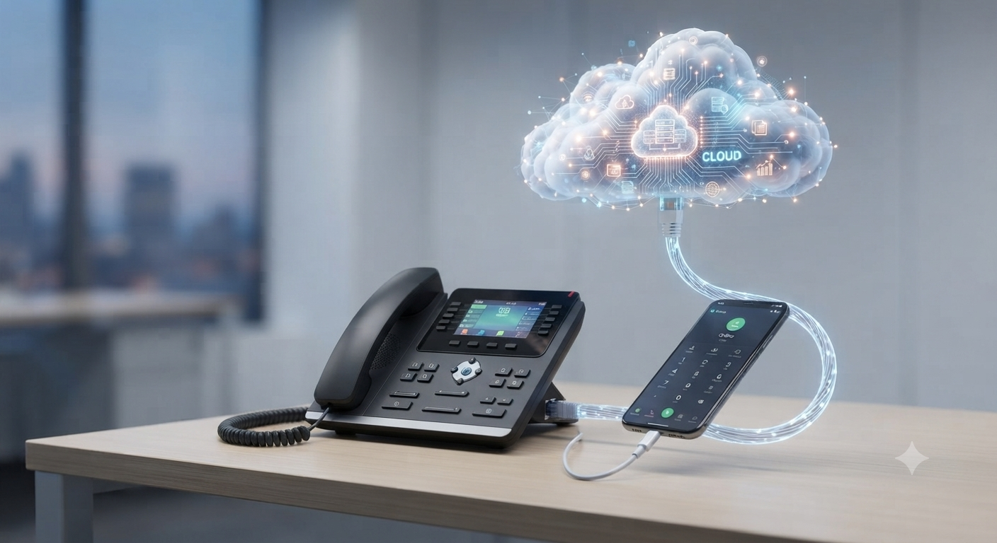 Telefono IP da scrivania in ufficio moderno, centralino VoIP aziendale