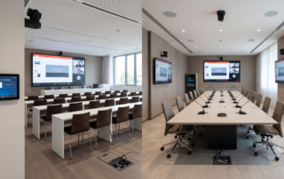 Impianto audio video di una sala conferenze riconfigurabile in aula corsi, con monitor 98 pollici e diffusori a controsoffitto
