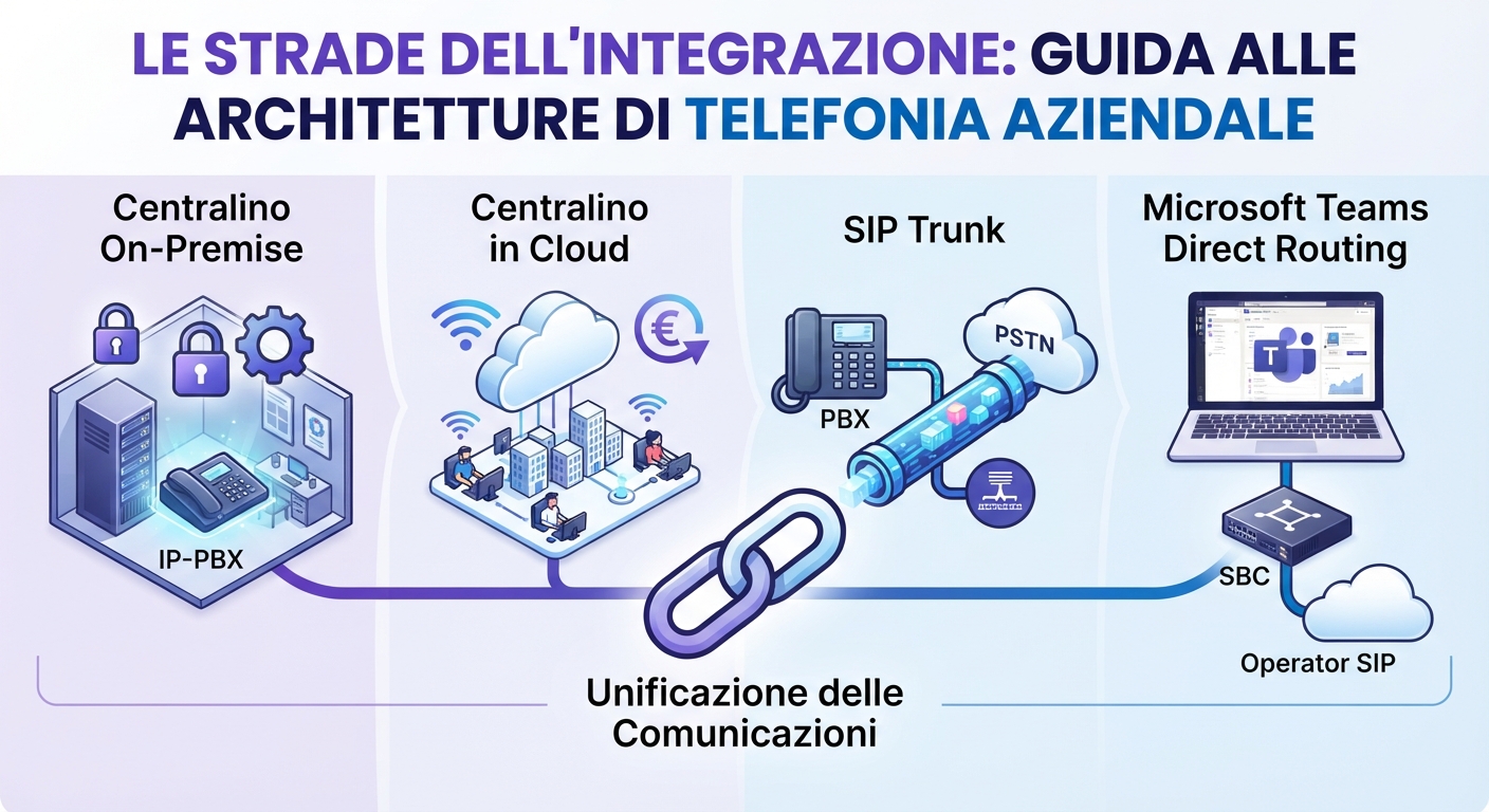 Integrazione della telefonia aziendale: schema delle opzioni tra centralino, SIP trunk, cloud PBX e Microsoft Teams Direct Routing