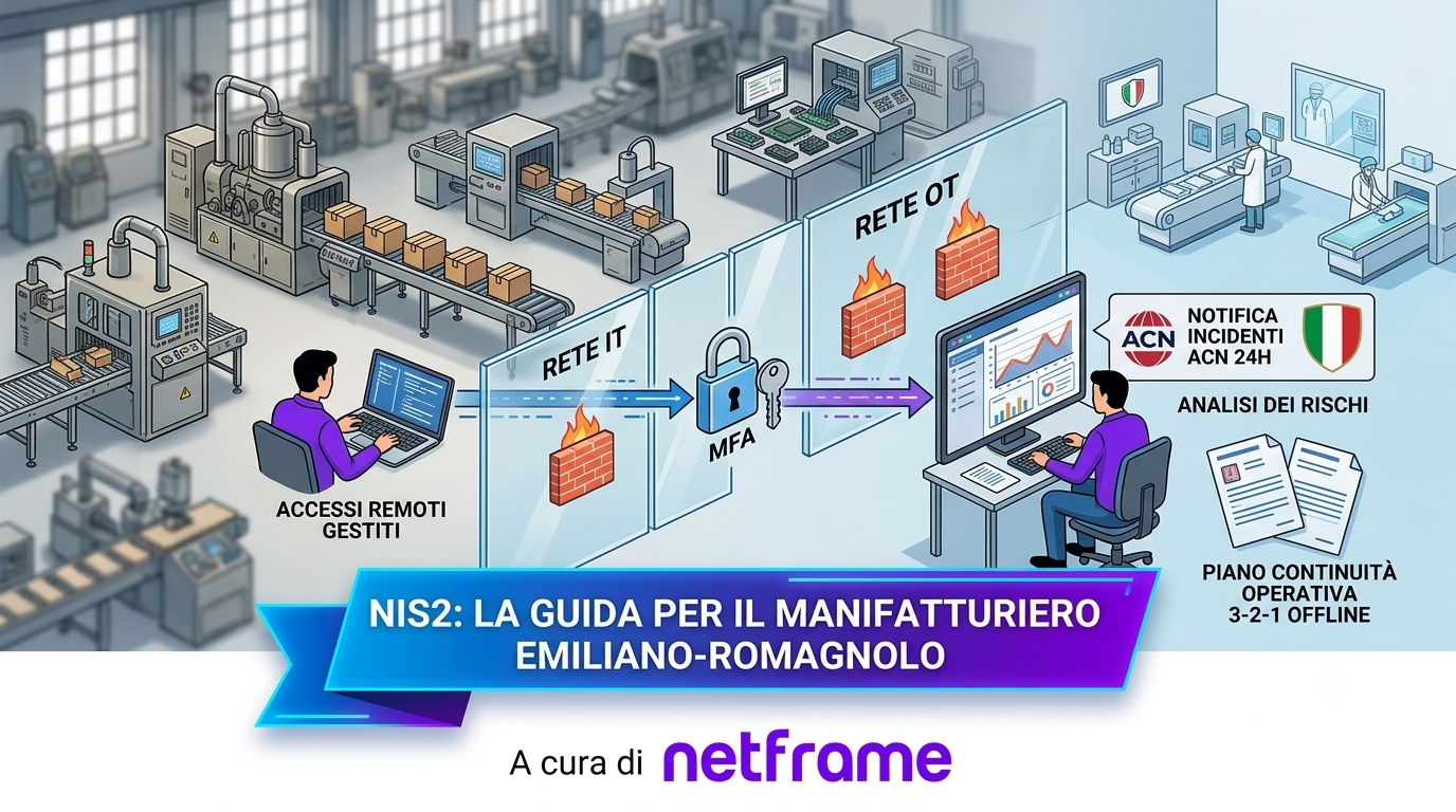 Reparto produttivo di una PMI manifatturiera con armadio di rete in primo piano: adeguamento alla direttiva NIS2