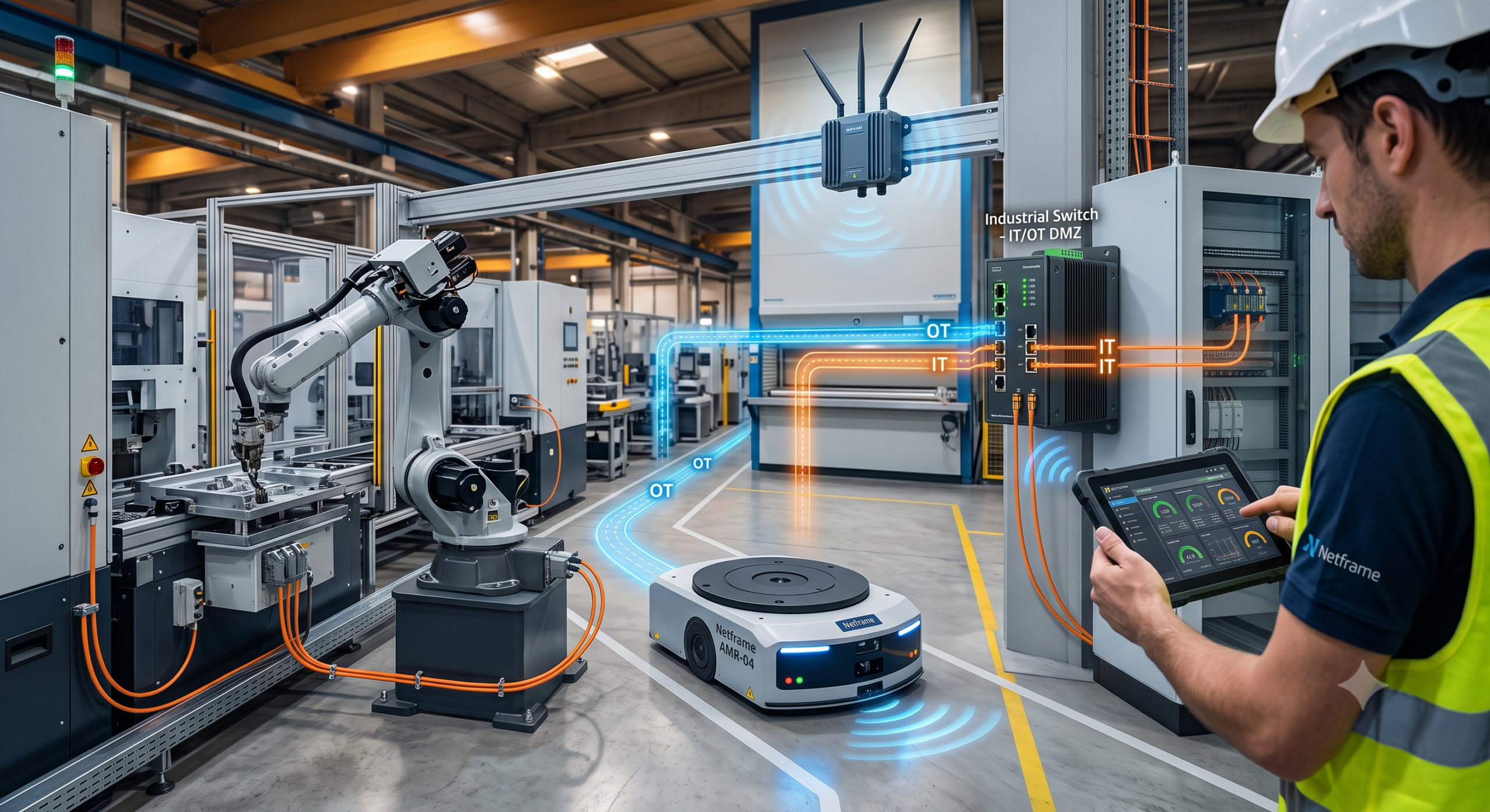 Progettazione di una rete industriale IT/OT: switch e cablaggio di rete in un reparto di produzione