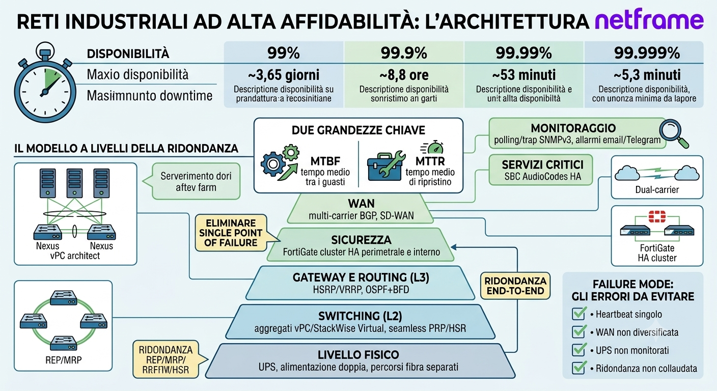 Anello in fibra ottica ridondato tra switch industriali in uno stabilimento produttivo, esempio di rete industriale ad alta affidabilità