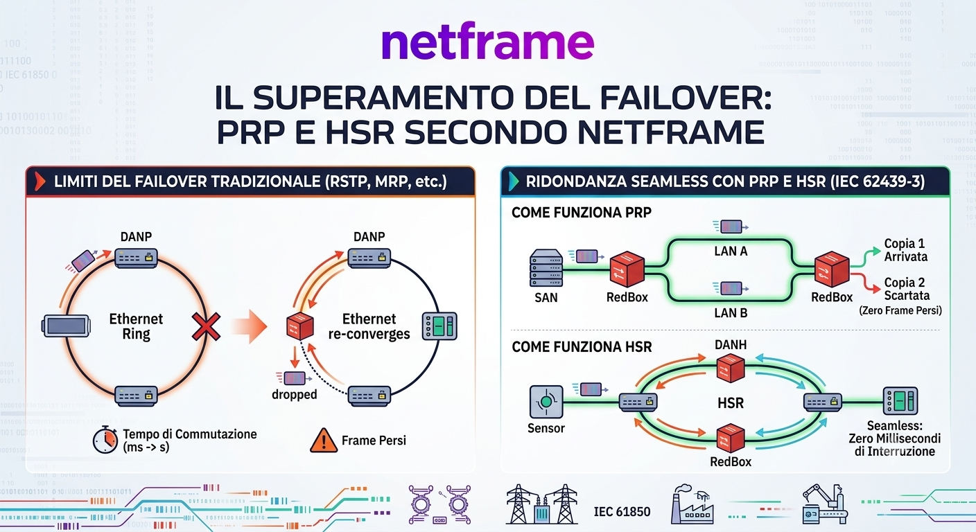 Doppia rete in fibra ottica parallela tra switch industriali, schema fisico di una rete PRP e HSR a zero interruzione