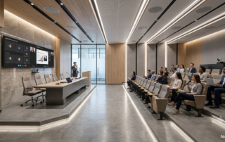 Sala riunioni polifunzionale con doppio display, telecamere AI e regia touch, da meeting room a sala eventi