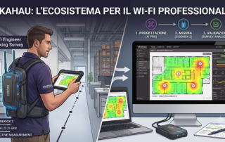 Software Ekahau AI Pro con heatmap di copertura Wi-Fi e analizzatore Ekahau Sidekick 2 per site survey professionale
