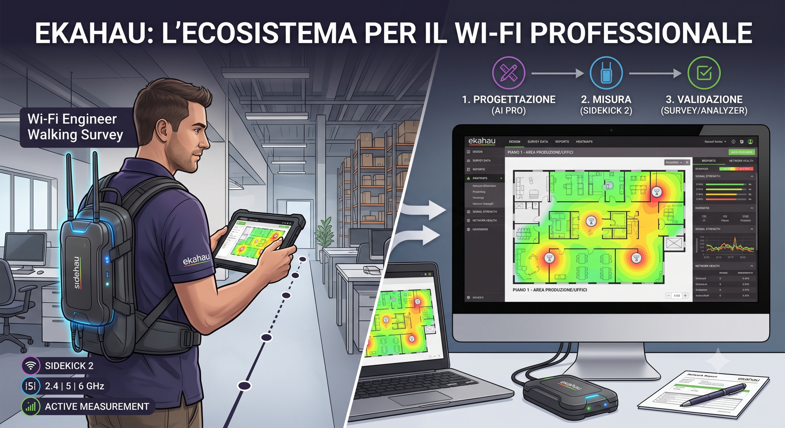 Software Ekahau AI Pro con heatmap di copertura Wi-Fi e analizzatore Ekahau Sidekick 2 per site survey professionale