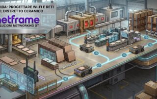 LGV a guida laser trasporta un pallet di gres in un magazzino ceramico con access point Wi-Fi a bordo corsia