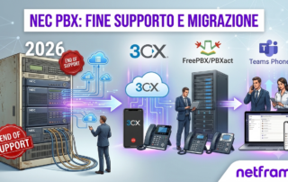 Tecnico IT davanti a un armadio rack con centralino telefonico tradizionale mentre valuta la migrazione con un laptop