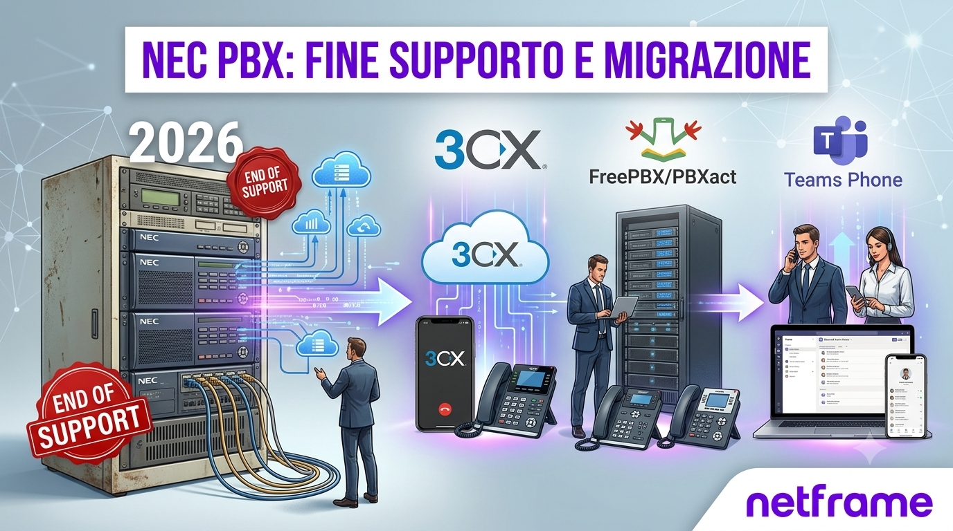 Tecnico IT davanti a un armadio rack con centralino telefonico tradizionale mentre valuta la migrazione con un laptop