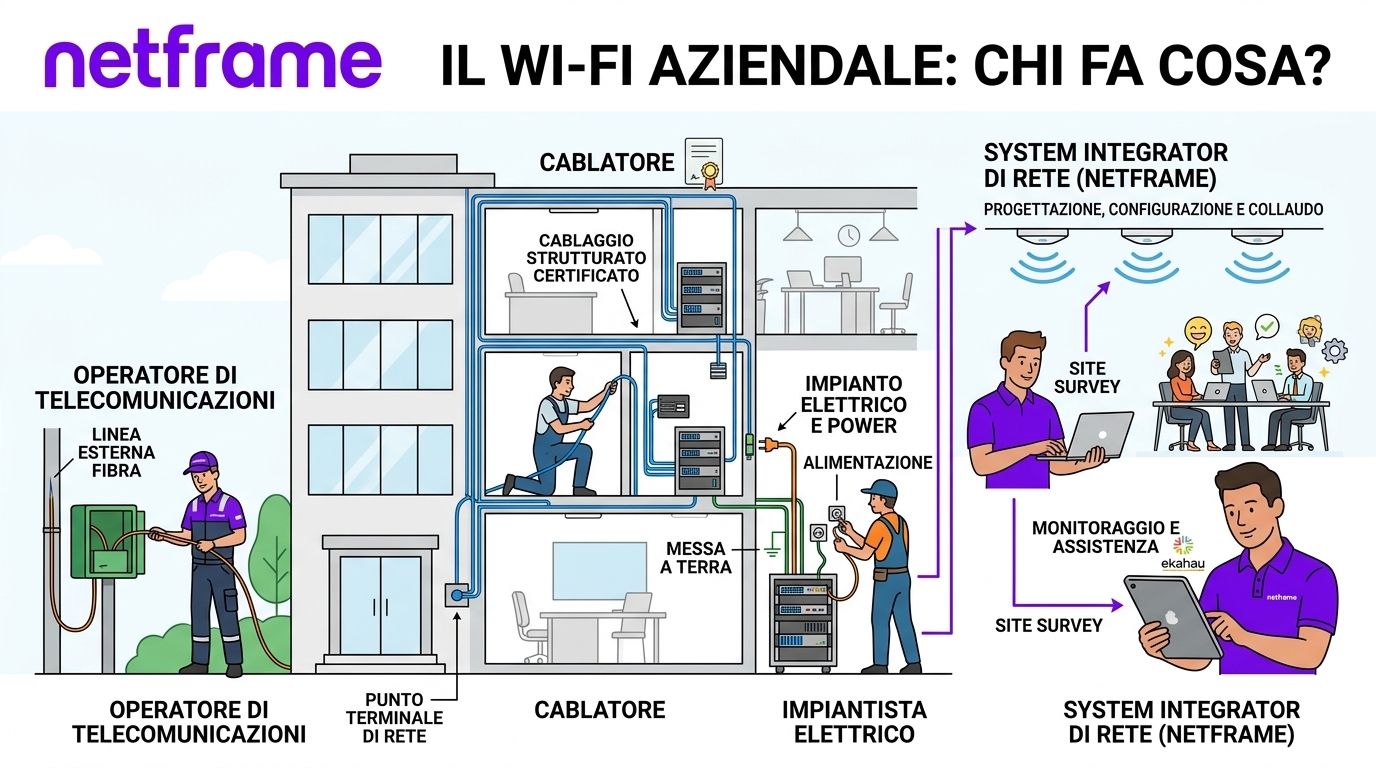 Tecnico su una scala che monta un access point a soffitto in un ufficio open space, con cavo di rete e certificatore di cablaggio in primo piano e un armadio di rete sullo sfondo