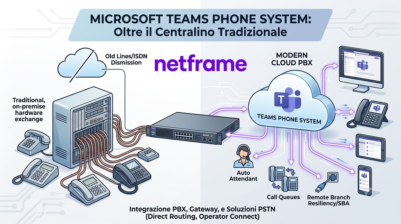 Telefono IP da scrivania accanto a un laptop con Teams in un ufficio open space