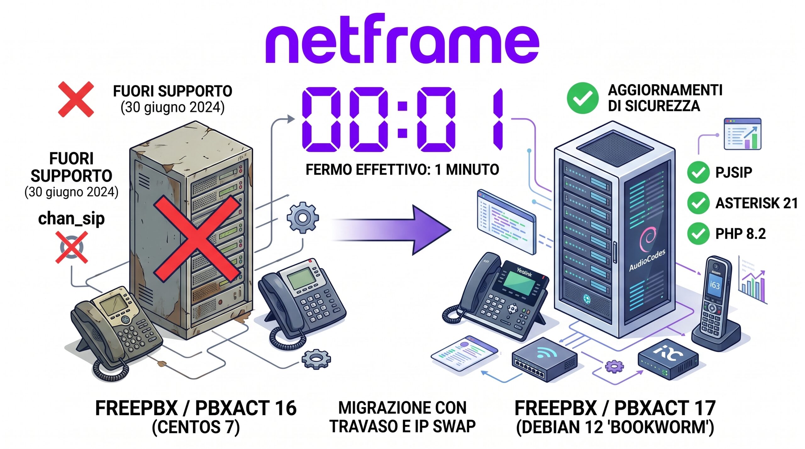 Due server in rack affiancati in una sala CED, uno illuminato in primo piano e uno in penombra sullo sfondo, con cavi di rete ordinati e patch panel
