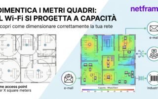 Access point wireless a soffitto in un ufficio open space con persone al lavoro su laptop e smartphone