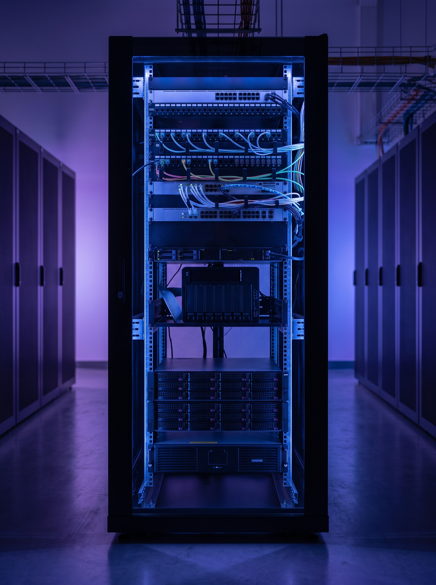 Reti aziendali e cloud networking Rack di rete aziendale in sala CED con switch, patch panel cablati, server e UPS, illuminato in blu e viola
