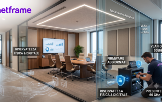 Sala riunioni aziendale vuota vista attraverso una porta a vetri socchiusa