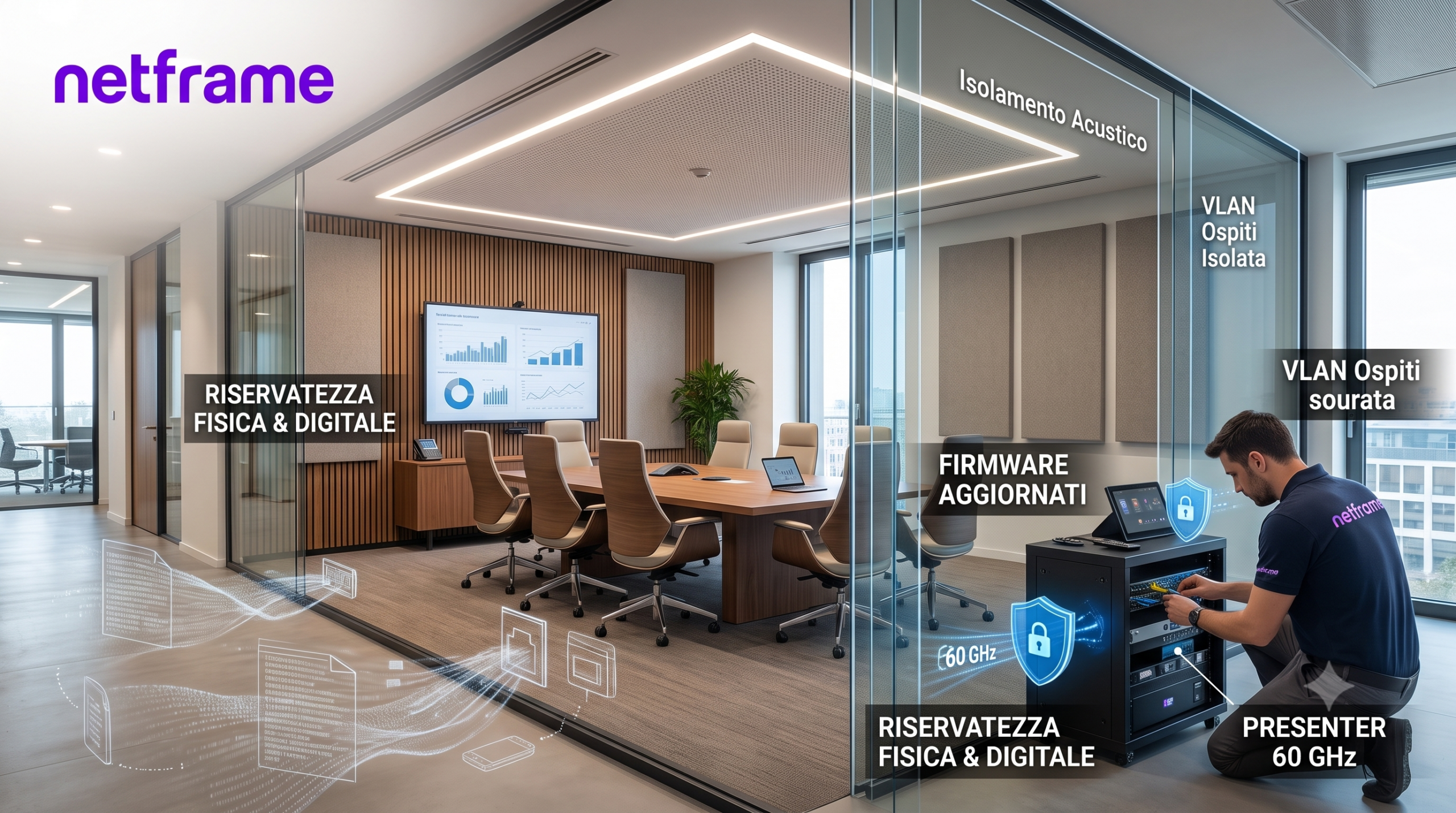 Sala riunioni aziendale vuota vista attraverso una porta a vetri socchiusa