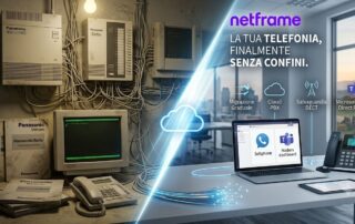 Vecchio centralino telefonico aziendale a muro accanto a un rack moderno con PBX IP e SBC: migrazione da Panasonic o Selta