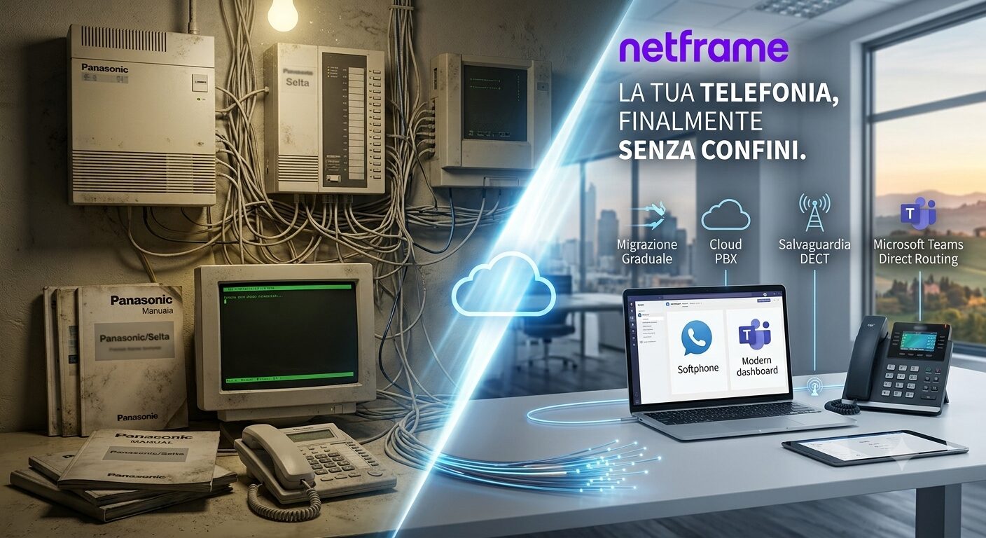 Vecchio centralino telefonico aziendale a muro accanto a un rack moderno con PBX IP e SBC: migrazione da Panasonic o Selta