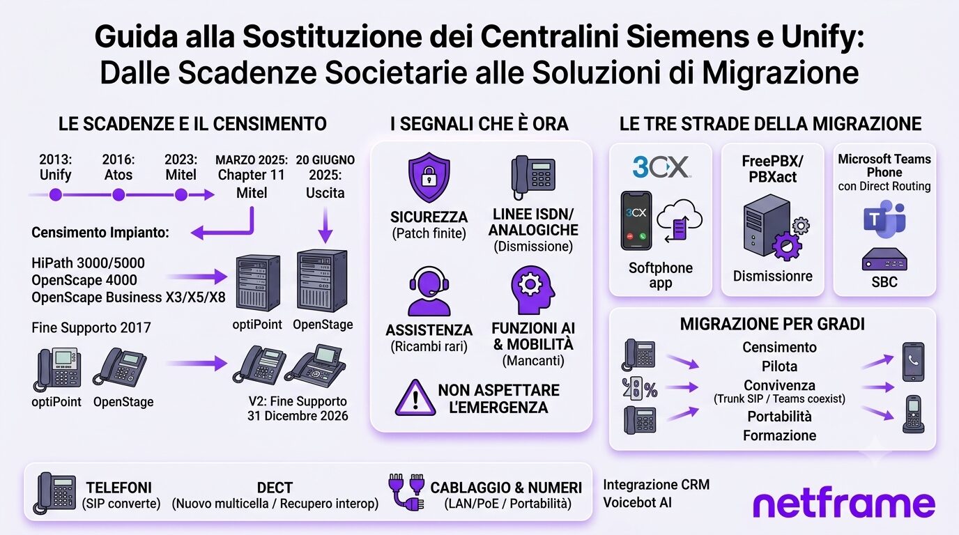 Vecchio centralino telefonico a muro accanto a un rack di rete moderno durante la migrazione a un sistema VoIP