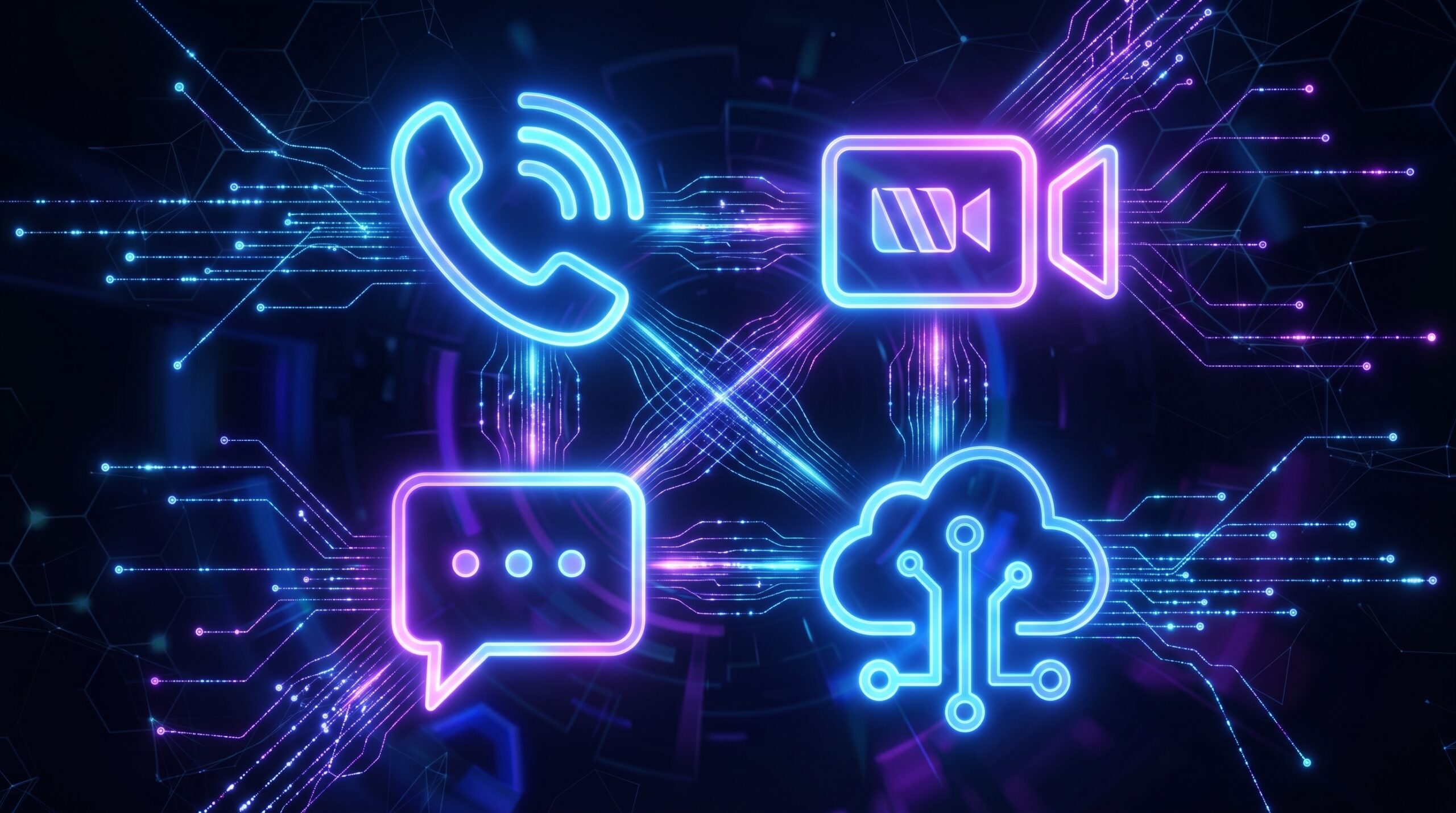 Unified Communication & Collaboration Icone al neon di telefono, videocamera, chat e cloud unite da linee di circuito blu e viola: unified communication e collaboration