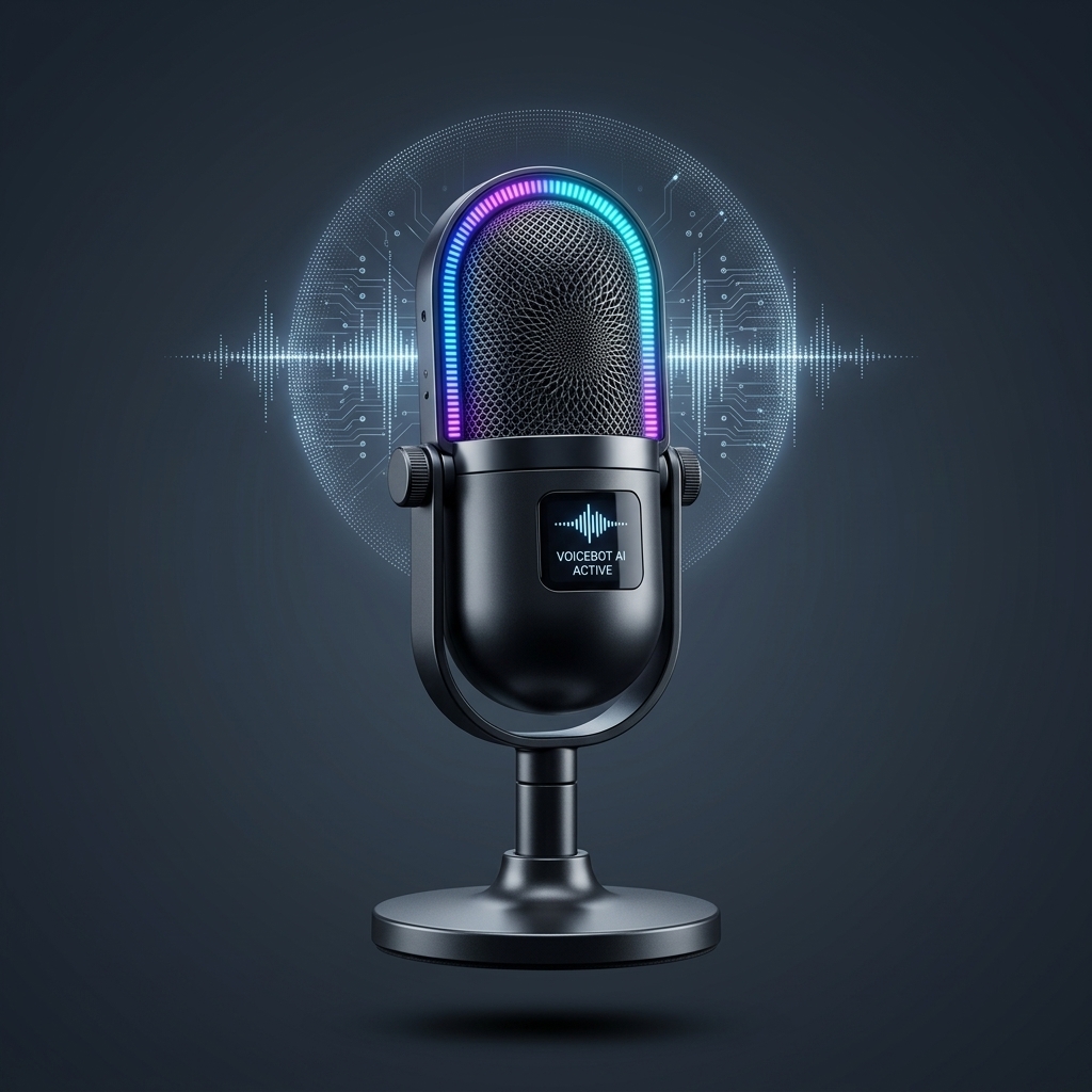 Voicebot AI e centralino intelligente Microfono da studio con onde sonore viola e blu che rappresenta il voicebot AI e il centralino intelligente
