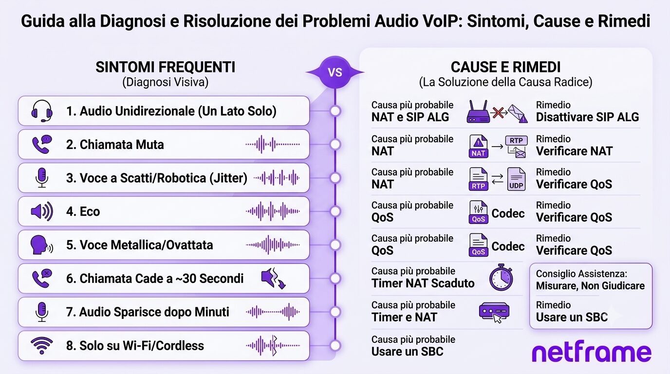Tecnico IT con cuffie analizza un problema audio VoIP tra telefono IP e apparati di rete
