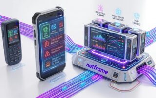 Tecnico in un reparto industriale che legge un allarme sul display di uno smartphone professionale robusto, con un telefono Wi-Fi a tasti nella tasca del gilet