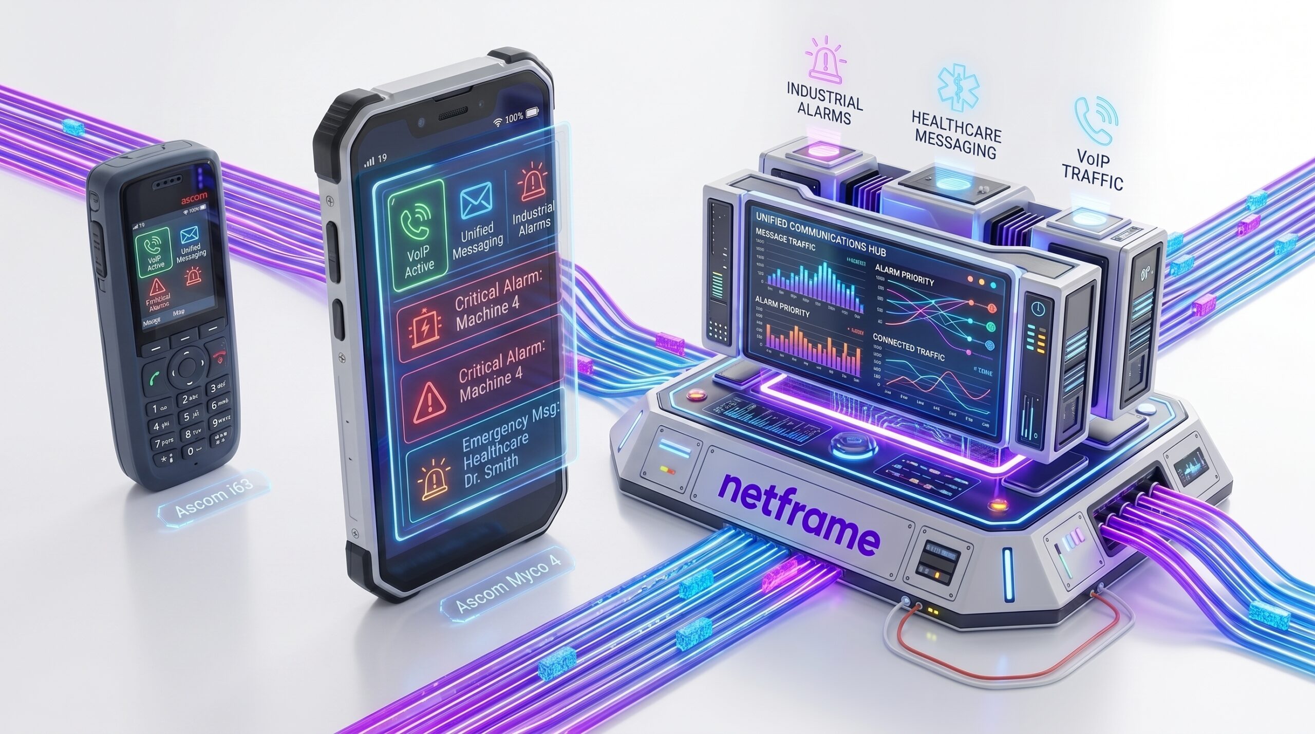 Tecnico in un reparto industriale che legge un allarme sul display di uno smartphone professionale robusto, con un telefono Wi-Fi a tasti nella tasca del gilet