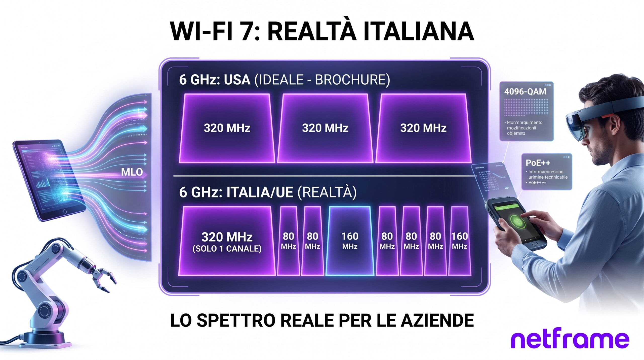 Access point Wi-Fi 7 a soffitto in un open space aziendale moderno, con postazioni di lavoro e portatili sotto