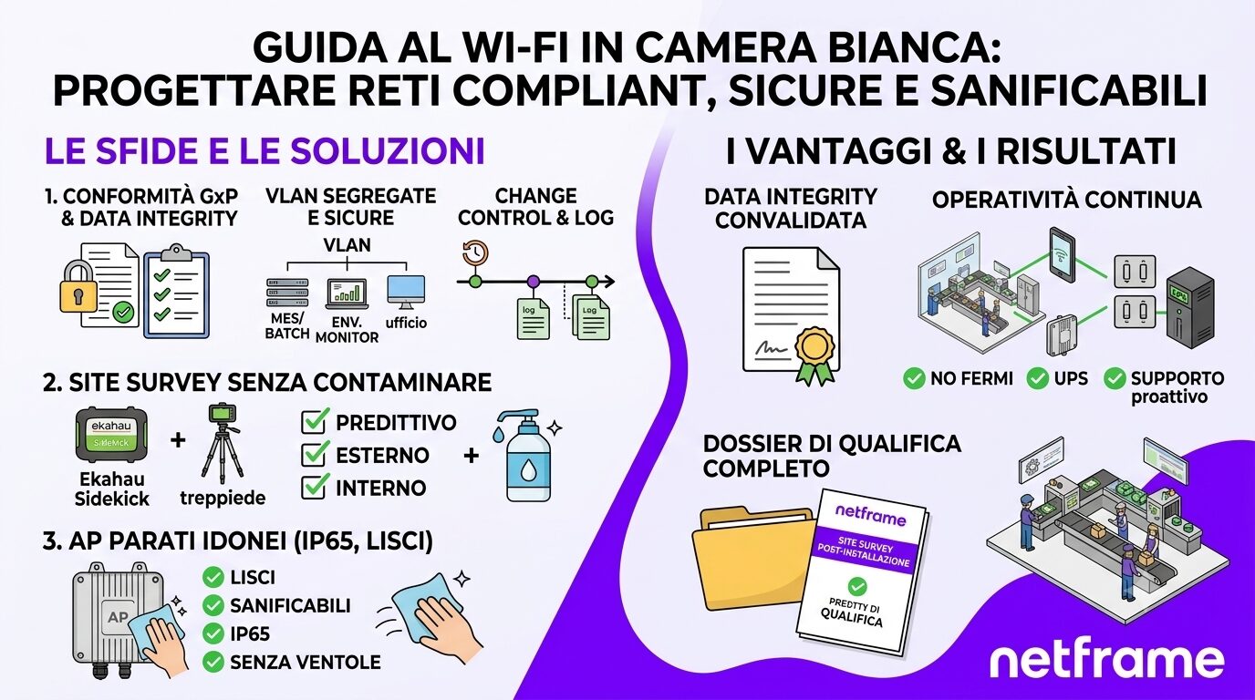 Operatore in tuta sterile con tablet in una camera bianca biomedicale con access point Wi-Fi a soffitto