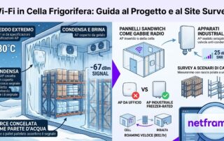 Access point wireless industriale a soffitto in una cella frigorifera con scaffalature di merce surgelata