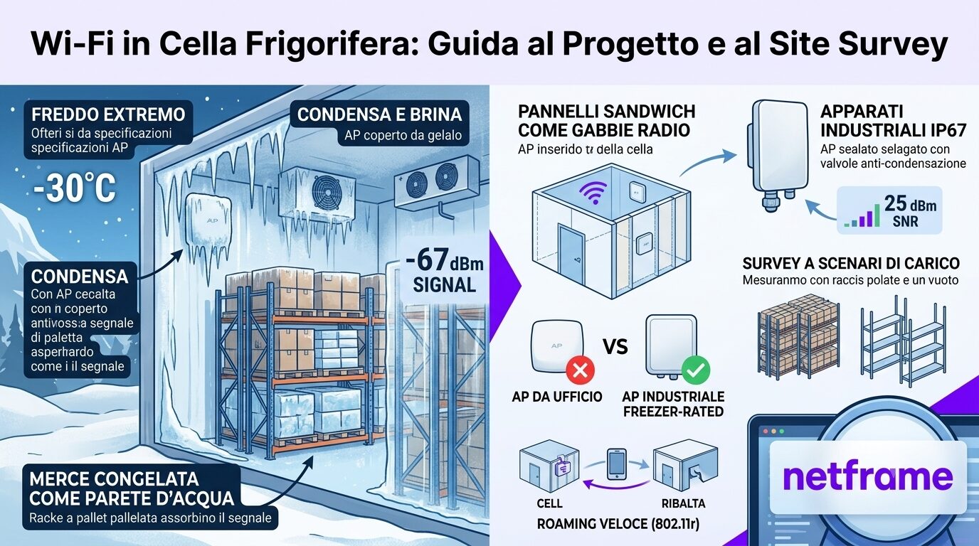 Access point wireless industriale a soffitto in una cella frigorifera con scaffalature di merce surgelata