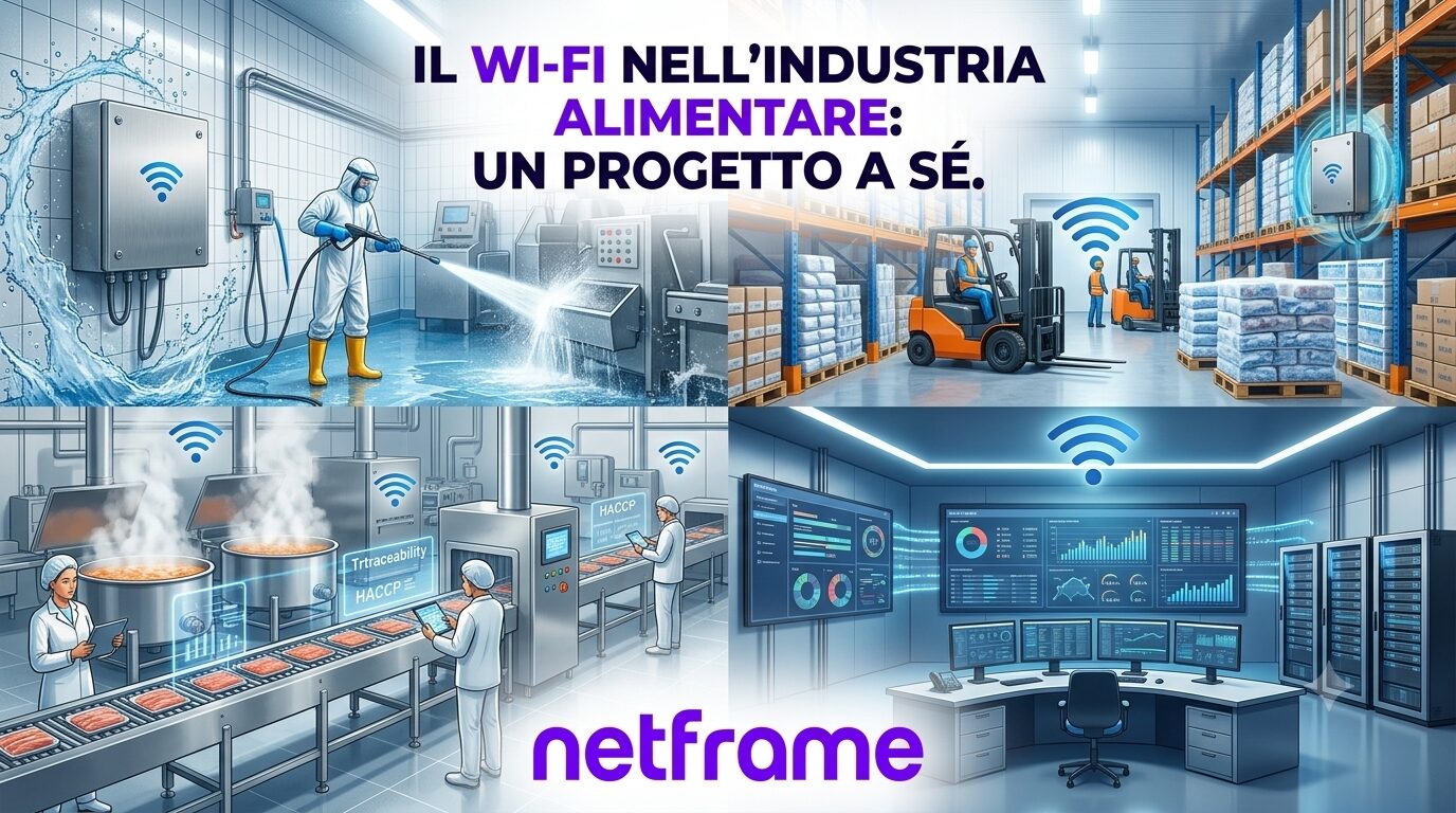 Access point Wi-Fi in custodia inox in uno stabilimento alimentare con linee in acciaio e vapore