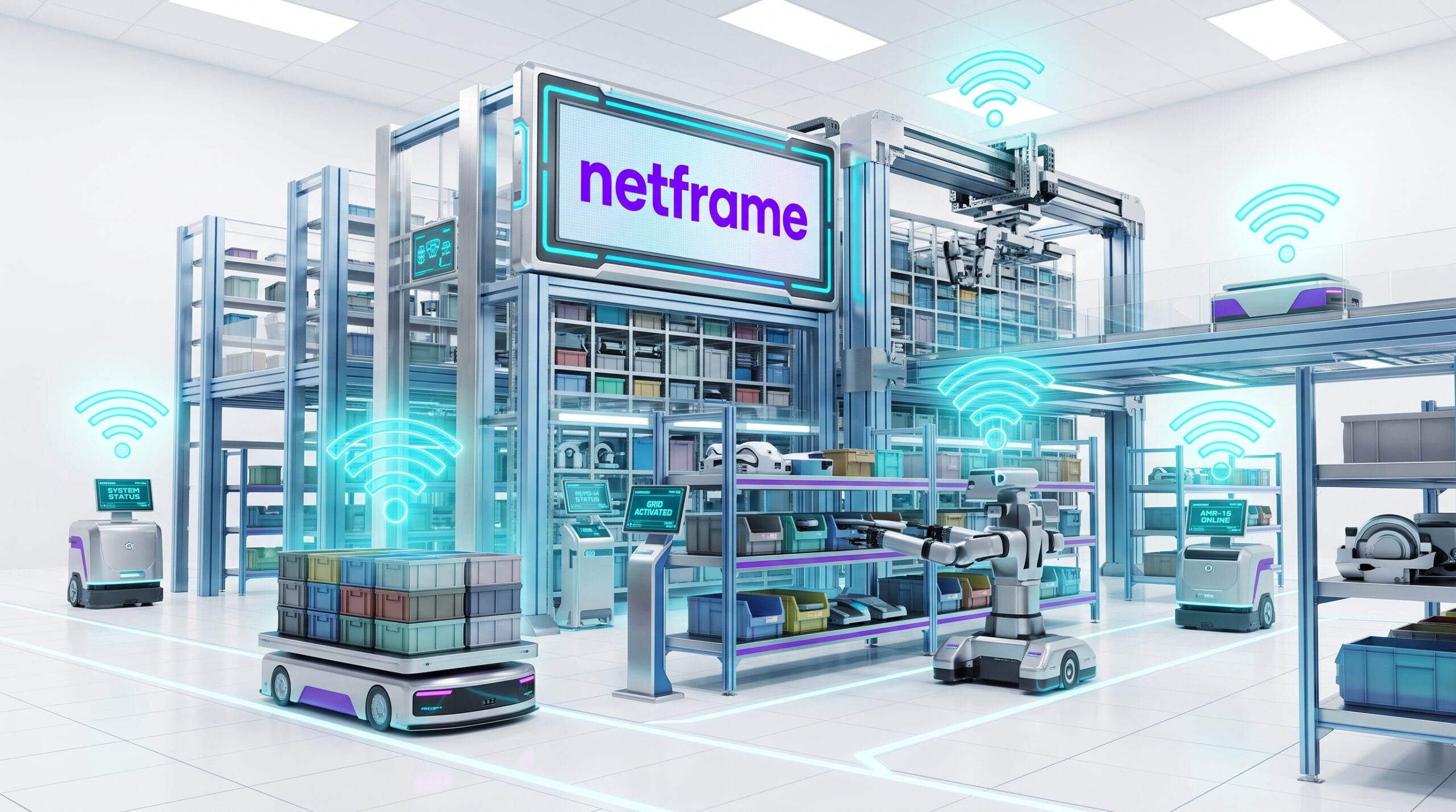 Robot mobile autonomo che percorre un corridoio di magazzino fra scaffalature cariche, con un access point Wi-Fi montato in alto sulla struttura