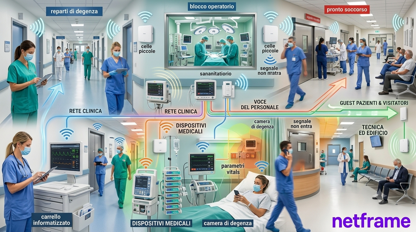 Corridoio di reparto ospedaliero con access point Wi-Fi a soffitto e infermiera con smartphone