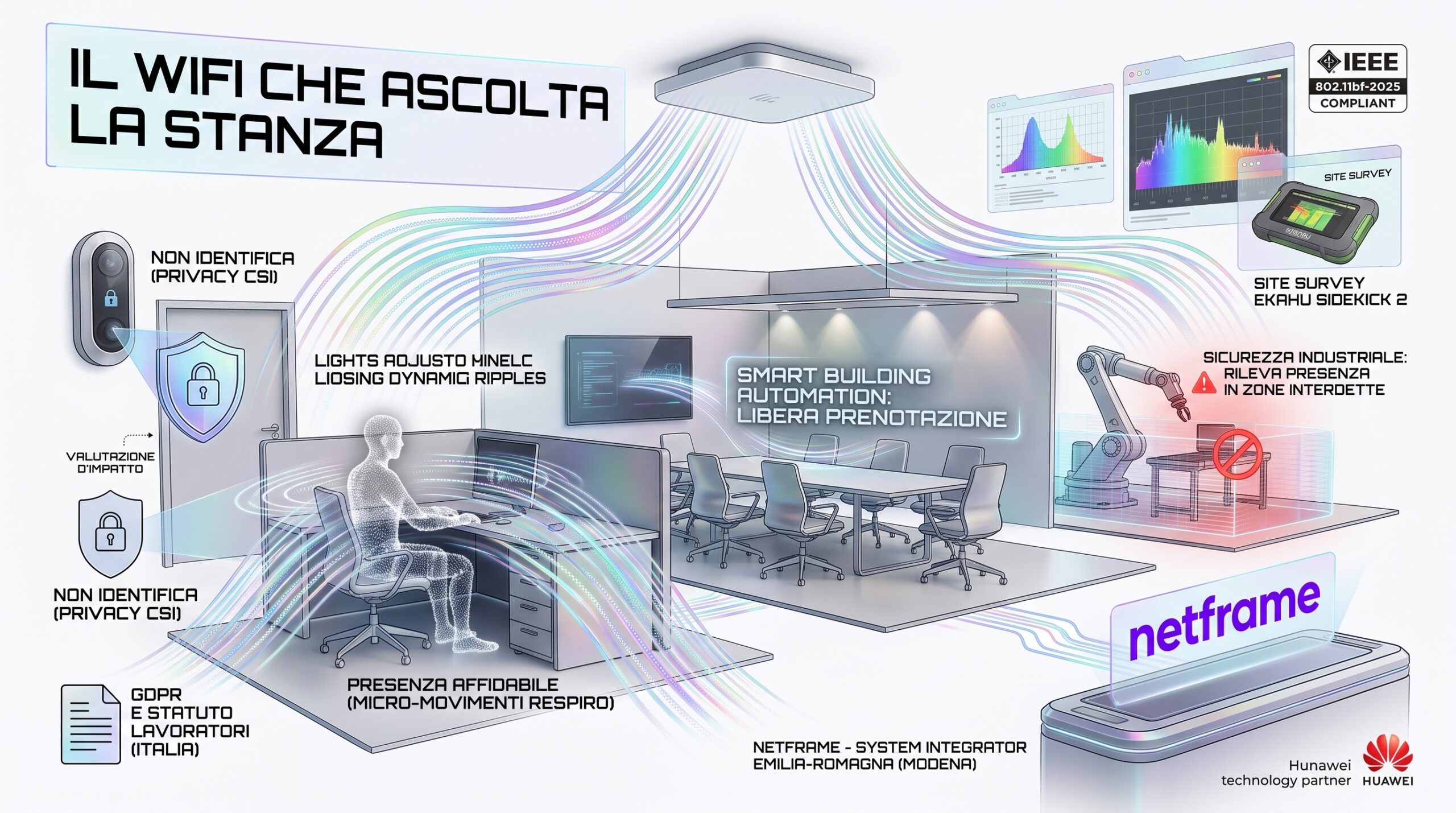 Sala riunioni aziendale vuota con schermo e luci accese e un access point Wi-Fi a soffitto, a rappresentare la rilevazione di presenza senza telecamere