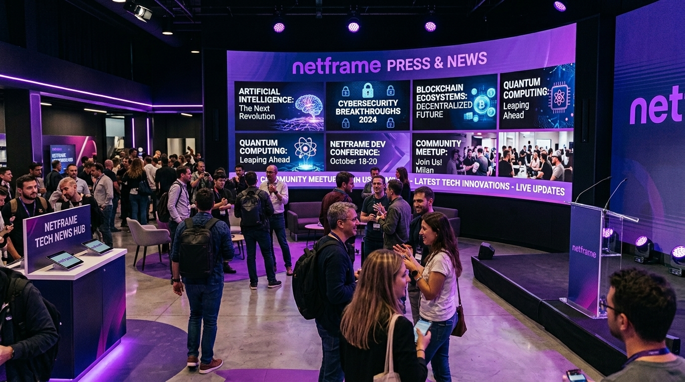 Blog Netframe: guide tecniche, casi di studio ed eventi della community tech Spazio eventi con maxischermo, partecipanti con badge che parlano fra loro, banco informazioni e podio con il logo Netframe