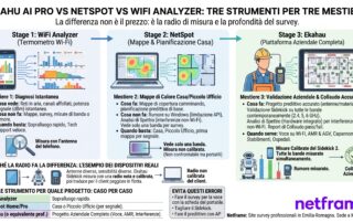 Smartphone con grafico dei canali Wi-Fi, portatile con mappa di calore e strumento di survey professionale con tablet su un banco di lavoro