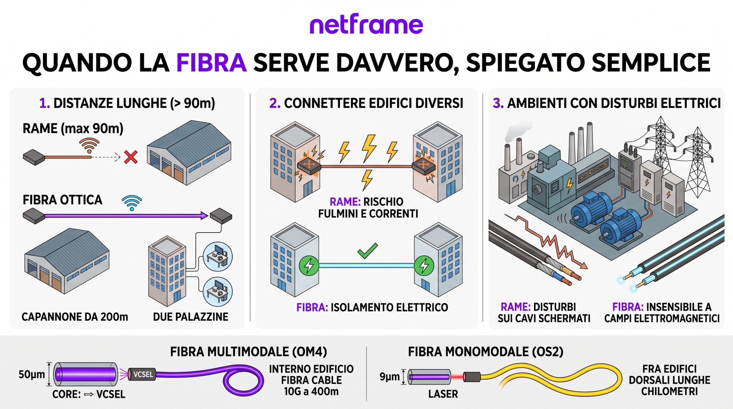 Pannello in fibra ottica in un rack con cordoni gialli monomodali e acqua multimodali collegati ai moduli ottici di uno switch