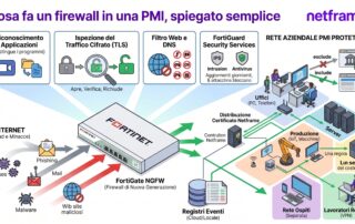 Firewall di nuova generazione montato in un piccolo armadio rack aziendale, sotto uno switch di rete, con cavi ordinati e led di stato accesi