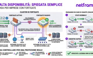 Due firewall identici montati uno sopra l'altro in un armadio rack aziendale, collegati fra loro da due cavi di rete corti, con i led di stato accesi