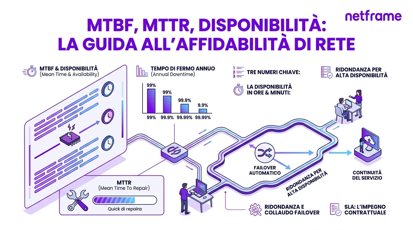 Due switch di rete ridondati in un armadio con alimentazioni separate e un portatile che mostra un grafico di disponibilità