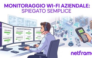 Tecnico con tablet e strumento di survey Wi-Fi in una corsia di magazzino, access point sul soffitto