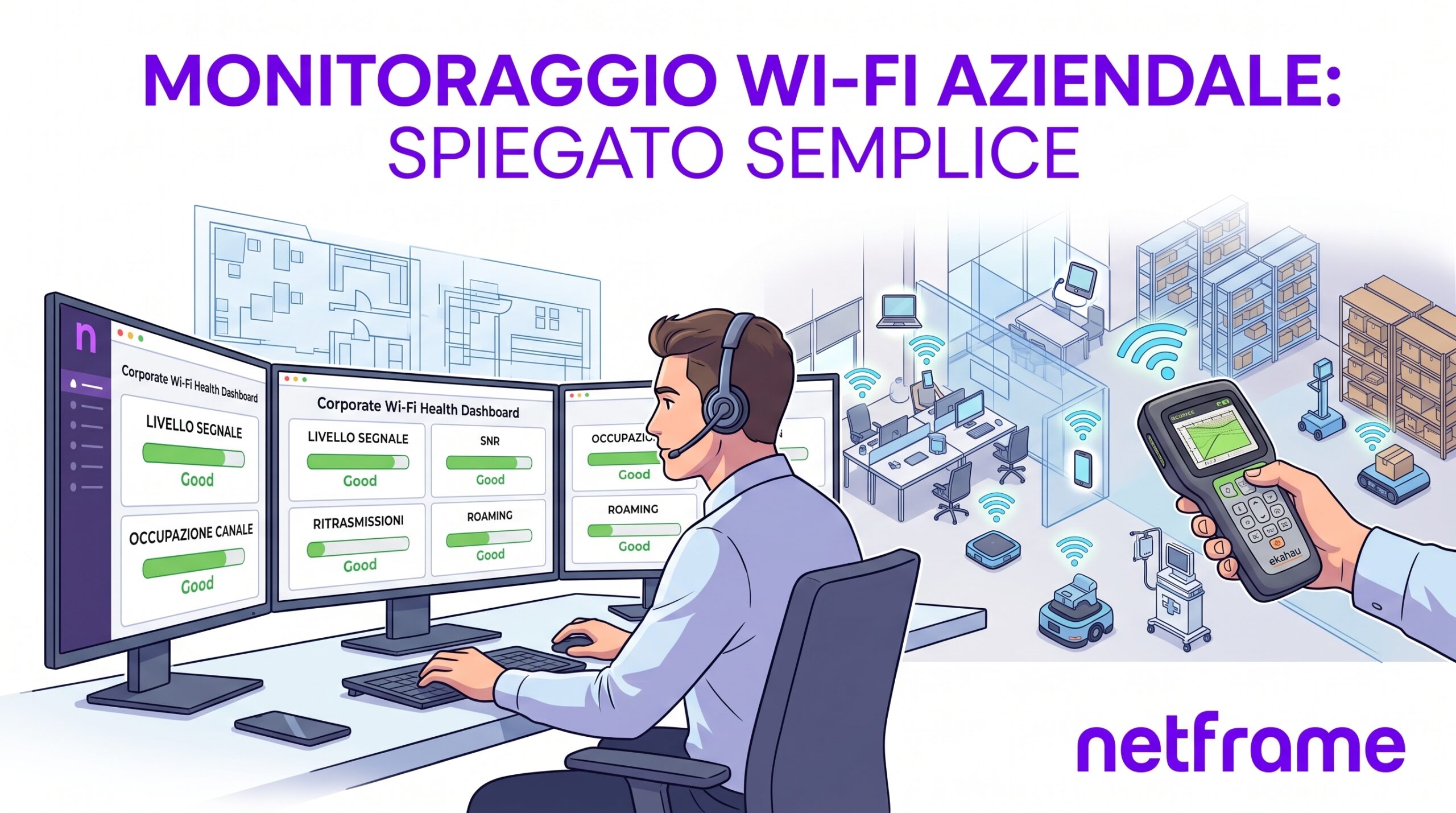 Tecnico con tablet e strumento di survey Wi-Fi in una corsia di magazzino, access point sul soffitto